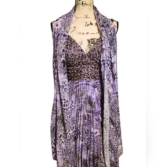 Tony Bowls La Gala Purple Leopard Pleated Maxi Gown - Picture 9 of 14